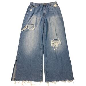 Kensie Jeans The Wideleg Ripped Raw Hem Jeans Size 6/28 Blue Washed Distressed